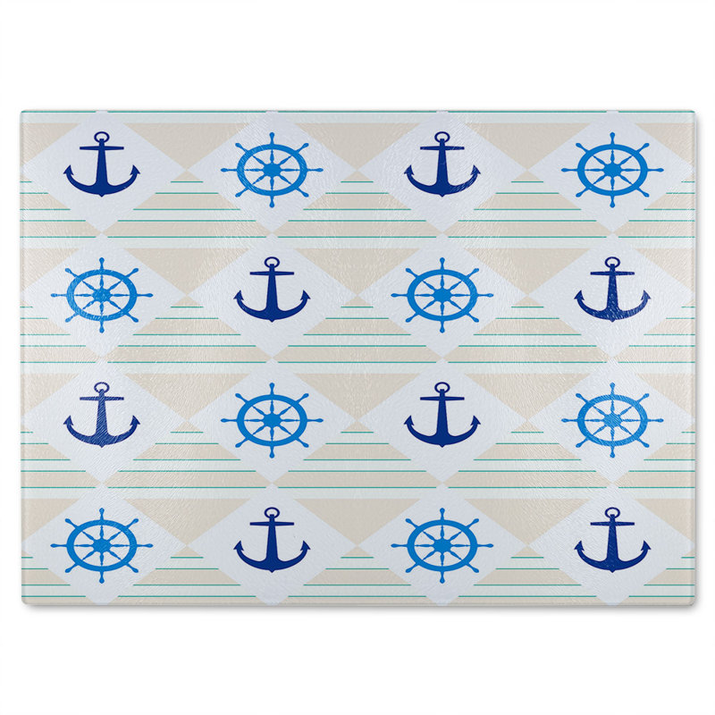Nautical Elements On Striped Glass Chopping Board