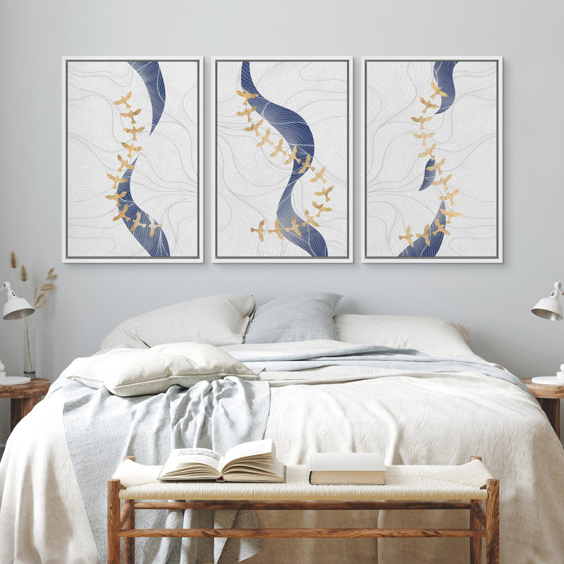 «Abstract Line Geometric Birds», ensemble de 3 reproductions d'art encadrées sur toile, H 24 po x l 16 po, Blanc