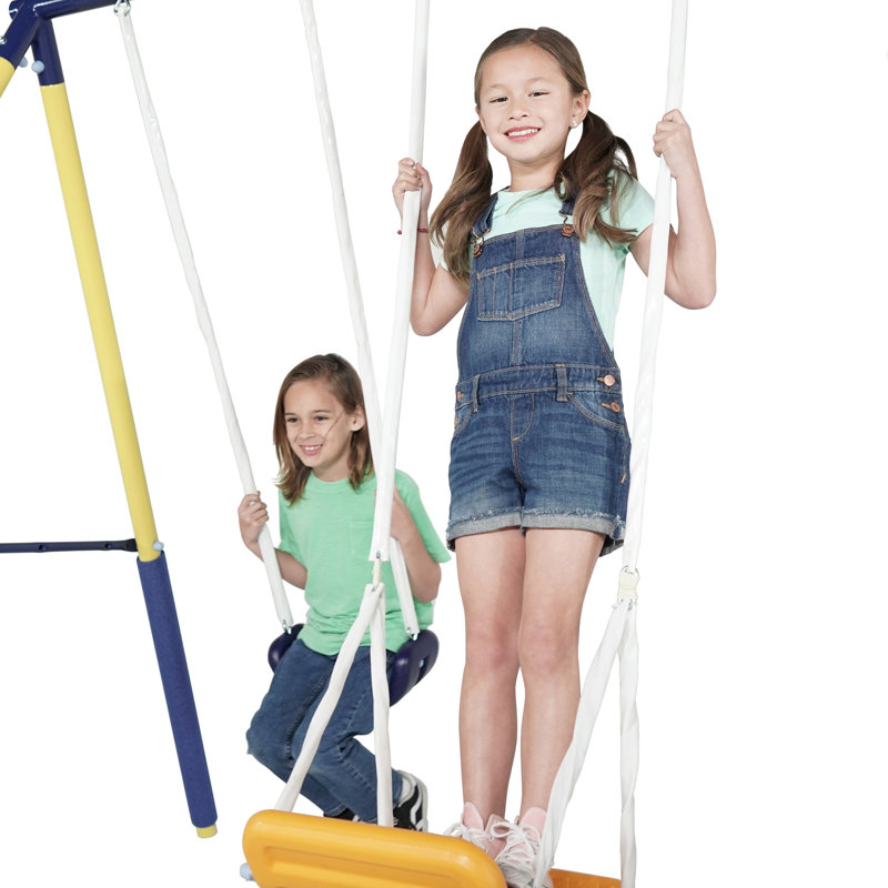 Yellow Metal Outdoor Swing Set with Slide and Teeter-Totter