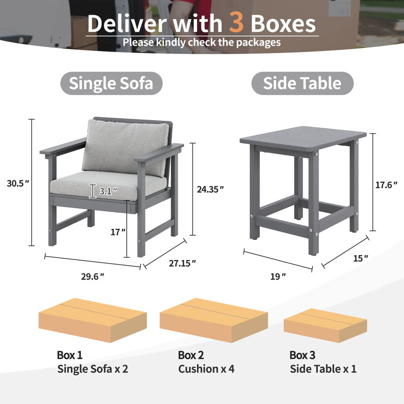 Ensemble de canapé d'extérieur 3 pièces Hdpe avec coussins, accoudoirs larges et table basse Hdpe, Gris