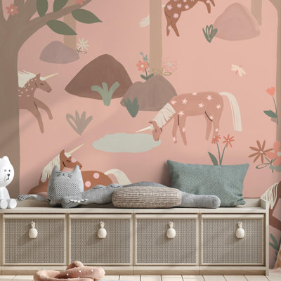 Day Dreamers Collection Pink Unicorn 118.1-Inches Wide x 9.3-Feet High 6-Panel Wall Mural