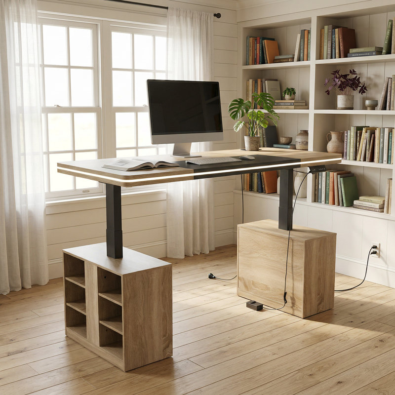 Modern Sit-Stand Desk With LED Light Strip，7-Color LED Lighting,Home Office Desk, Yellow/Black