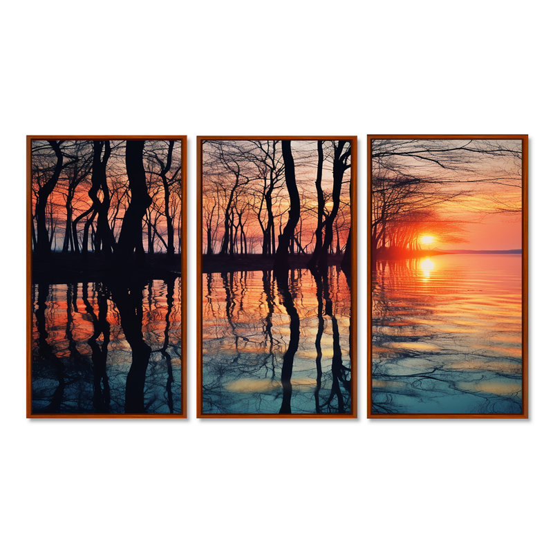 Castleberry - Ensemble de décoration murale coucher de soleil, Cadre flottant brun, H 32 po x l 48 po x P 1 po