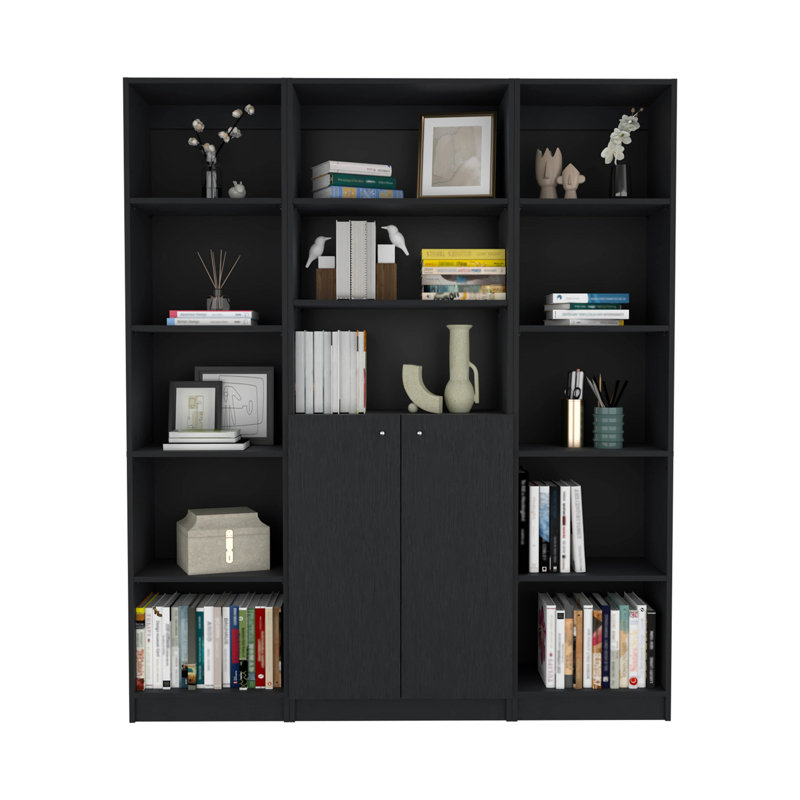 June 3 Piece Home Bookcase Set, 60" Wide With 13 Shelves And Two-Door Cabinet ,  Living Room Set Set  Black, Black