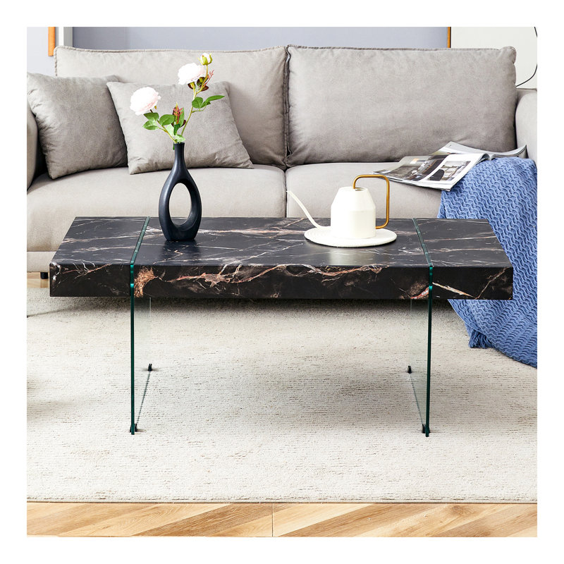 43.3"X23.6" Black Marble-Patterned MDF Coffee Table With Tempered Glass Legs.Suitable For Living Room.It Can Be Used Not Only As A Coffee Table But Also As A Side Table Or Display Stand.