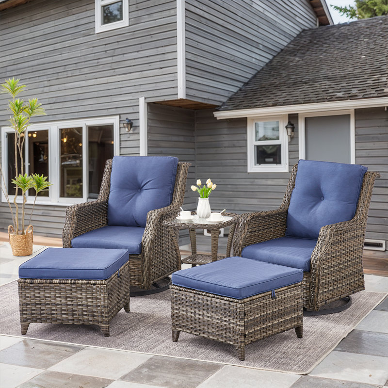 Carlston Outdoor PE Wicker Rocking Chair Set With Side Table and Ottomans