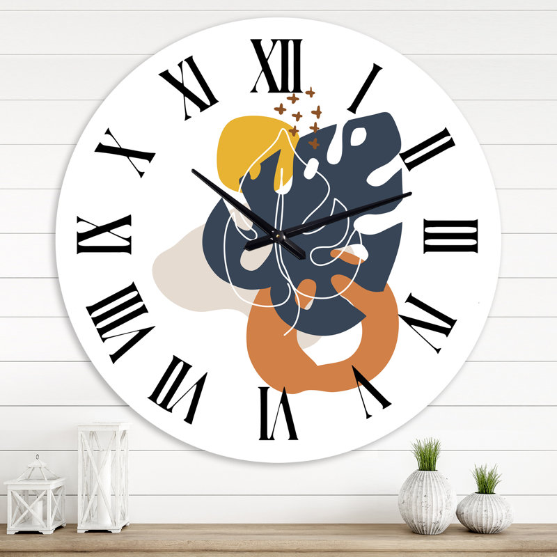 Fleurs abstraites sur formes minimalistes - horloge murale moderne, Surdimensionné