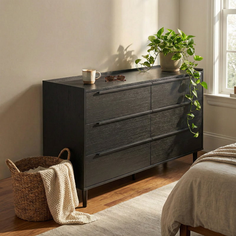  Commode double l 54 po avec 6 tiroirs, rangement de tiroir moderne noir, Noir