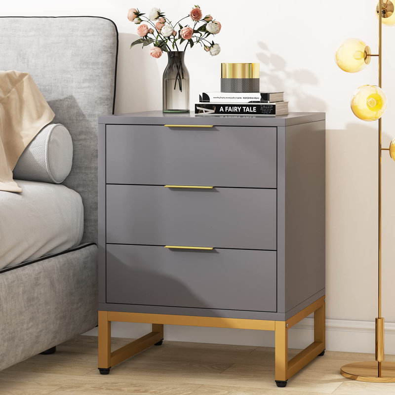 Modern Nightstand 3 Drawers Bedside Table, Grey/Gold