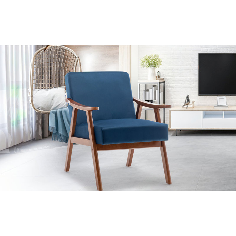 Chaise de salon de style Mid-Century en velours bleu avec rembourrage, chaise d'appoint moderne, structure en bois massif, velours, pour chambre à coucher, espace, salle de lecture, ensemble de montage sans effort