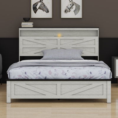 Bed Frame Headboard With LED Lights And Charging Station, With Headboard And Hidden Storage Space