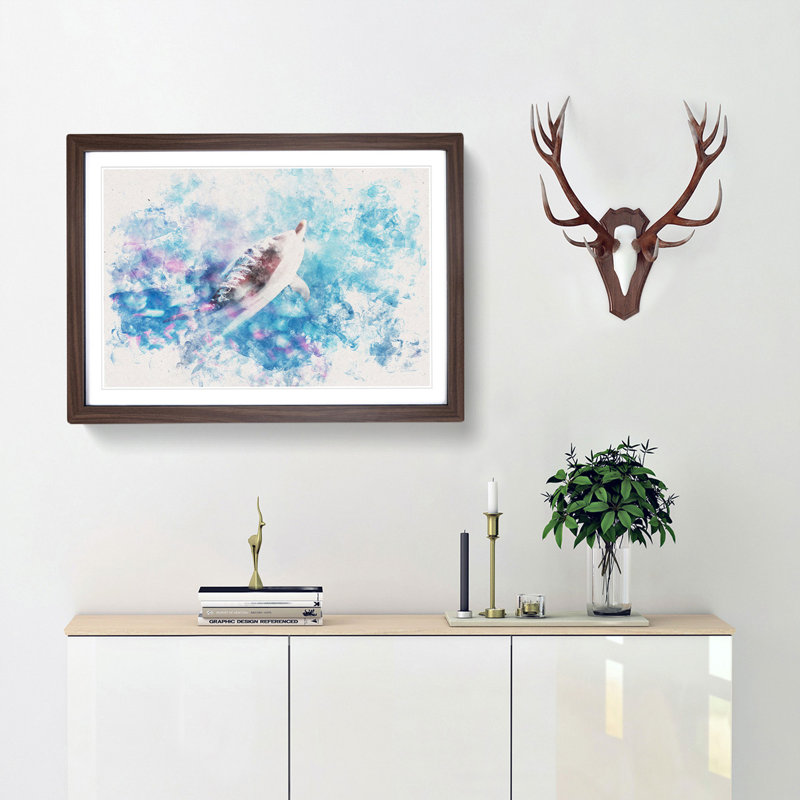 Swimming Dolphin - Picture Frame Graphic Art Print, 62cm H x 87cm W x 2cm D, Walnut Framed