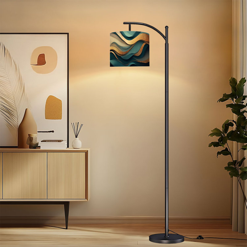 Lampe sur pied à arc avec abat-jour réglable Abat-jour abstrait à vagues superposées bleu sarcelle lampe sur pied dorée 3 températures de couleur à intensité variable pour poteau haut avec interrupteur au pied pour la chambre à coucher