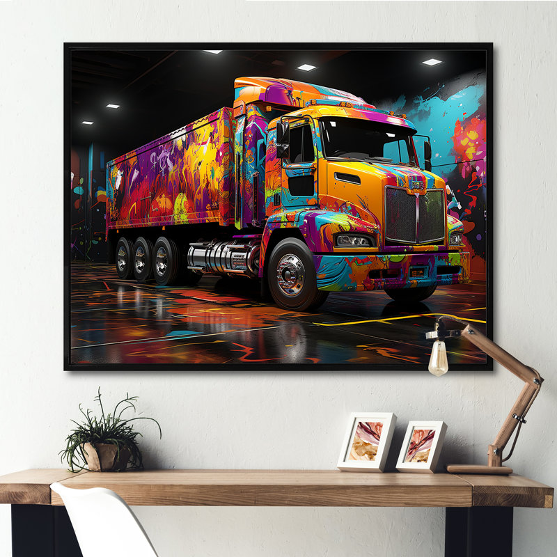 Street Art Semi Trailer Truck sur toile, Cadre flottant noir, H 30 po x l 40 po x P 1,5 po