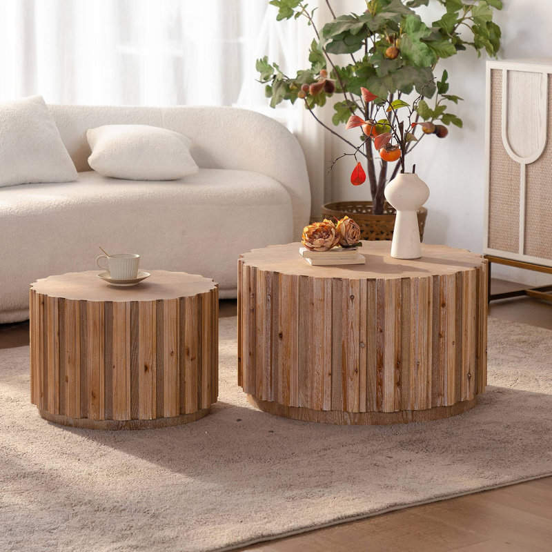 Ensemble de 2 tables basses rondes gigognes, tables d'appoint en bois de noyer avec lattes verticales, tables d'appoint rustiques de style campagnard pour le salon