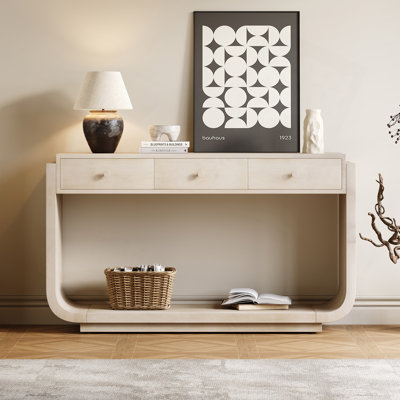 Console de style antique, 3 tiroirs de rangement, tablette de présentation, pieds courbés, placage de paulownia, entrée / couloir / salon, beige