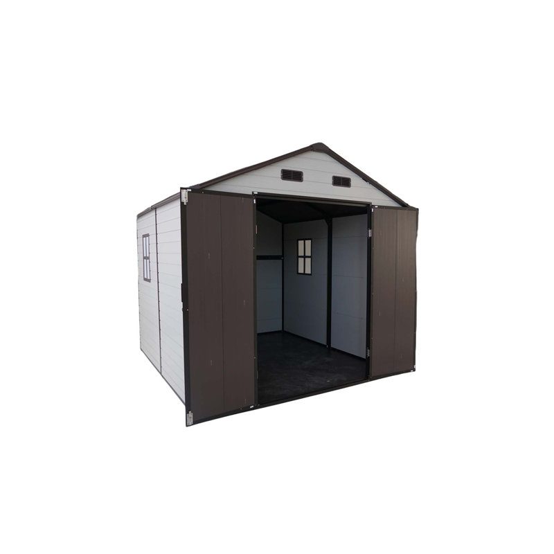 Remise de rangement extérieure en résine 8 x 8 x 7,6 pi avec fenêtres, structure et plancher en aluminium robuste pour le jardin et l'organisation de la cour (blanc et brun)