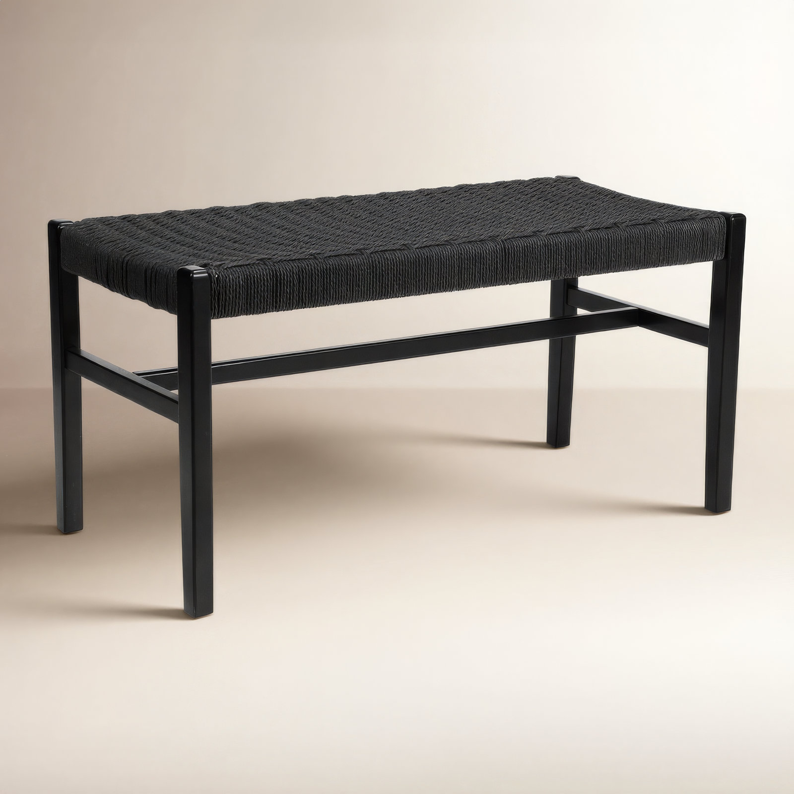 Piper Solid Wood Bench with Woven Rope Seat , 18" H x 36" W x 17" D, Black