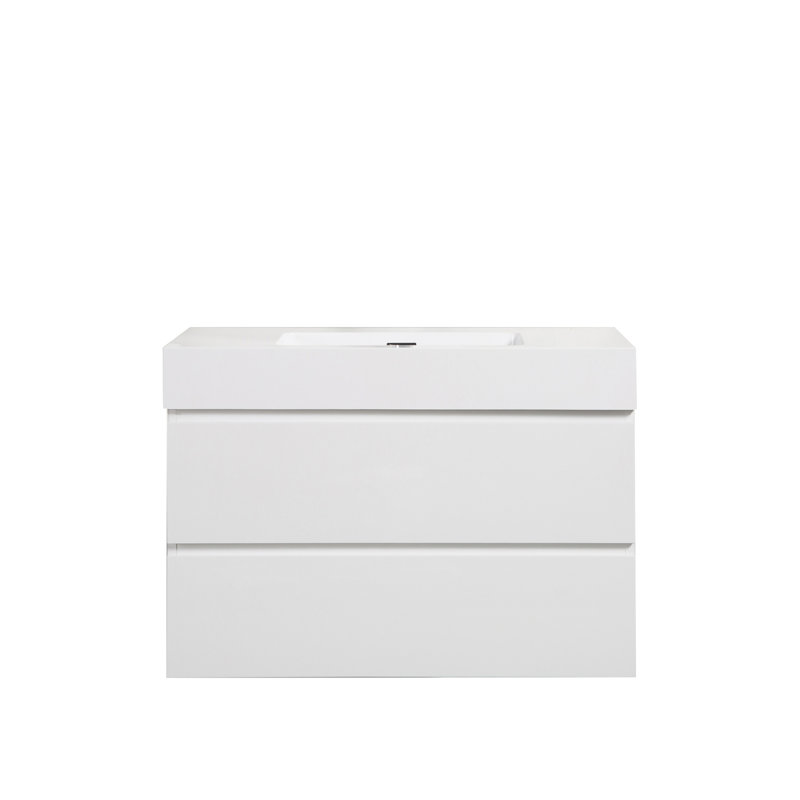 Sleek Bath Basin In Glossy White - Solid Surface Integrated Model Elegant With Overflow For Bathroom Upgrade, 35"