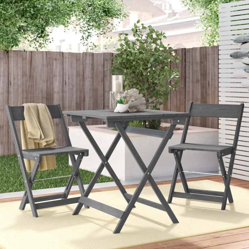 Prachi 26” Square 3-Piece Solid Acacia Wood Outdoor Bistro Set, Gray