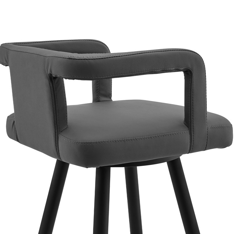 30" Swivel Bar Stool In Gray Faux Leather And Black Metal, Full 360 - Degree Rotation, Channeled Lined Upholstery, Comfortable Seats, Stable Frame With Metal Frame, Swivel, Seating, Footrest Support