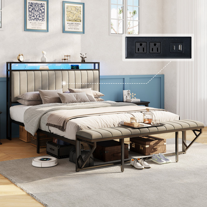 Tryston Queen Size Bed Frame With Footstool,upholstered Headboard,led Lights,Cream, Cream, Queen