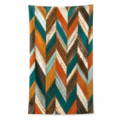 1Pcs Rustic Wood Chevron Pattern Beach Towel, featuring vibrant teal, orange, brown, and white planks in a herringbone design. Large absorbent, ideal for trips, swimming, travel, camping, unisex.