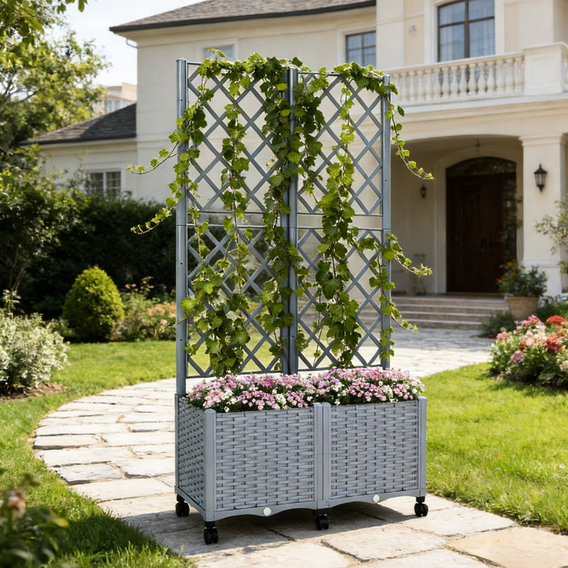 Jardinière surélevée pour l'extérieur, treillis pour croissance verticale, dispositif d'arrosage automatique, six roues avec freins, aspect
