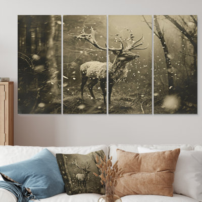 «Wild Deer In Winter Forest», art mural animal sur toile, 4 pièces