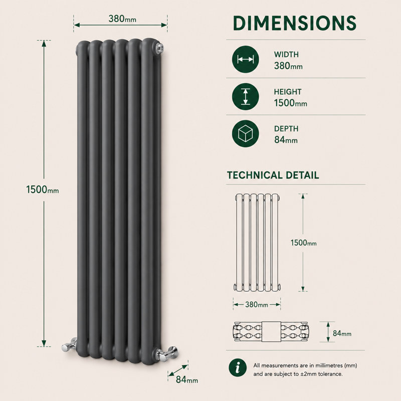 Purcell Vertical Double Panel Radiator, 150cm H x 38cm W x 10cm D, Anthracite