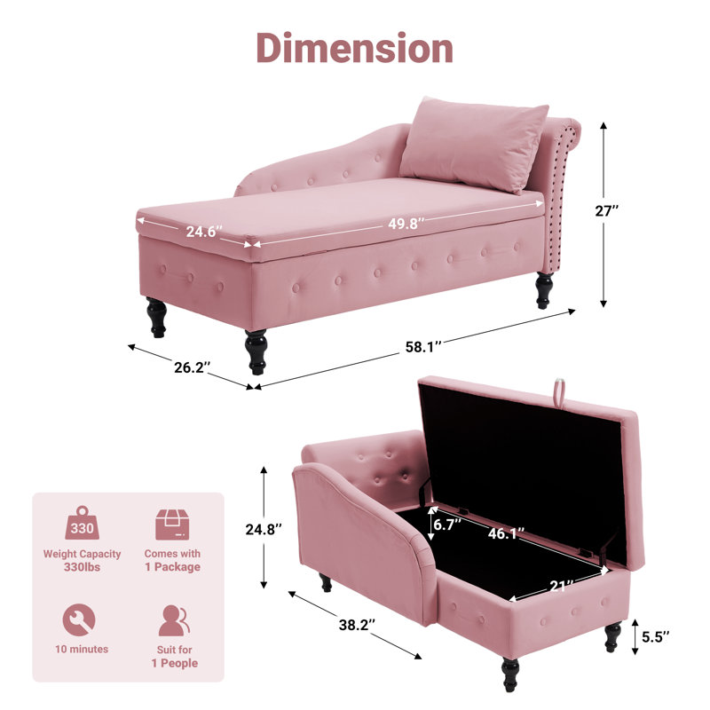 Chaise longue de rangement en velours Eastham, Orienté vers la gauche, Rose