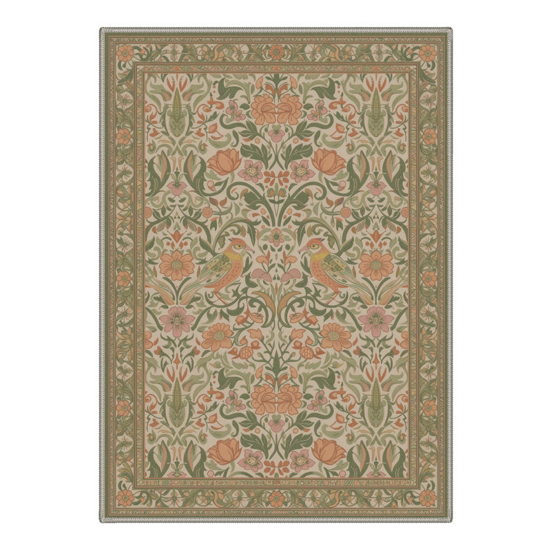 Avianora Floral Machine Washable Green / Beige Indoor Area Rug with Non-Slip Backing, Rectangle 8' x 10'