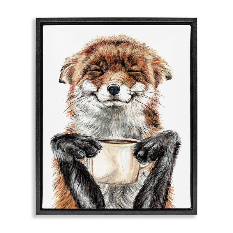 Happy Fox avec café, H 17 po x l 21 po, Cadre flottant noir de jais