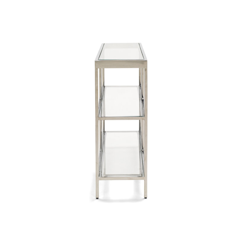 Vienna Low Bookcase W/ Glass Top, (3 Shelves) 27"H x 55"W x 10"D, Polished Stainless Steel
