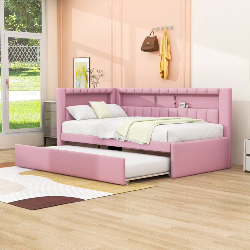 Svojas Twin Size Linen Upholstered Daybed with USB Ports,LED,Shelves and Twin Trundle, Pink