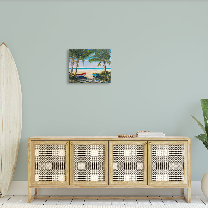 Canots à rames sur la plage, palmiers tropicaux, H 16 po x l 20 po x P 1,5 po, Toile tendue