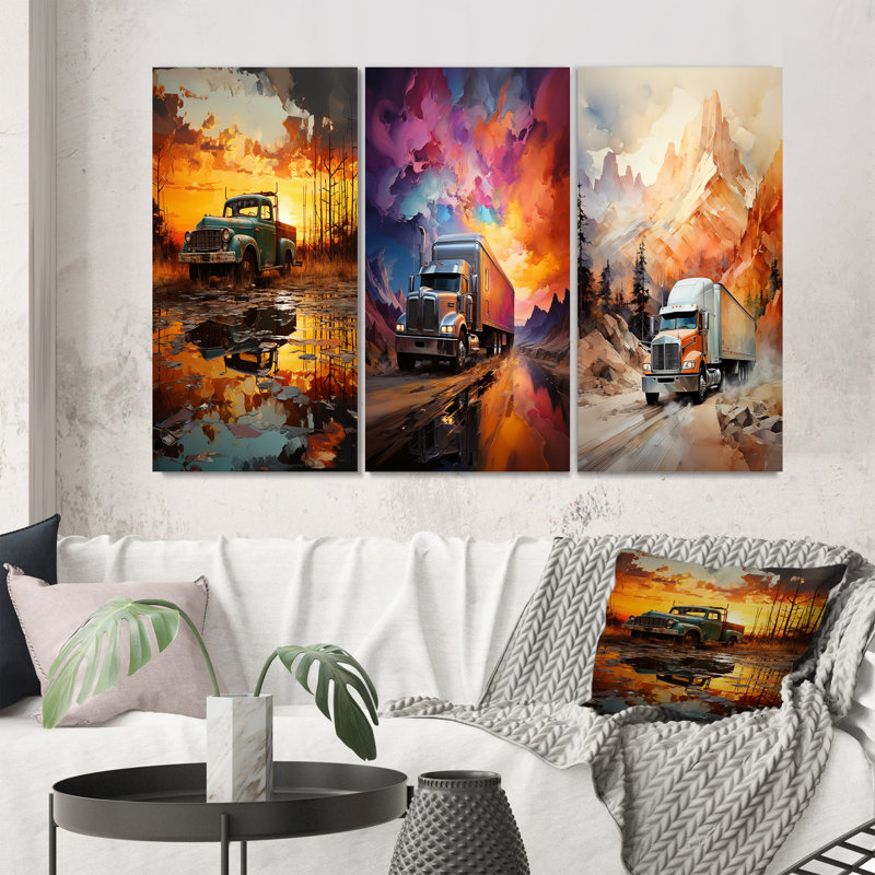 «Yellow Truck 53Ft Sublime Landscape», 3 pièces sur toile, Toile tendue, H 20 po x l 36 po