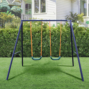 Two Station Swing Set for Children From 3-8 Years Old, Outdoor Metal Swing Playset Load Up to 200LBS