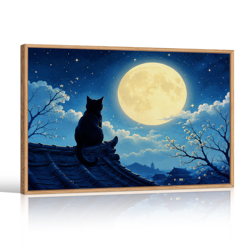 Toile noire regardant une pleine lune au-dessus d'une fleur de cerisier, H 32 po x l 48 po