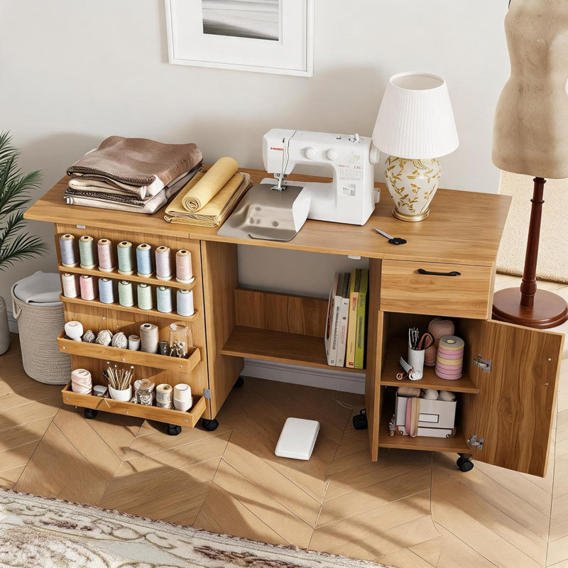 Table pliante pour machine à coudre avec rangement, poste de travail polyvalent avec tiroir coulissant, tablettes réglables et roues verrouillables, brun