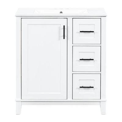 Meuble-lavabo de 30 pouces avec construction en bois massif, porte à fermeture en douceur et trois tiroirs standards en céramique rectangulaire de 30 po, trous de robinet pré-percés, charnières