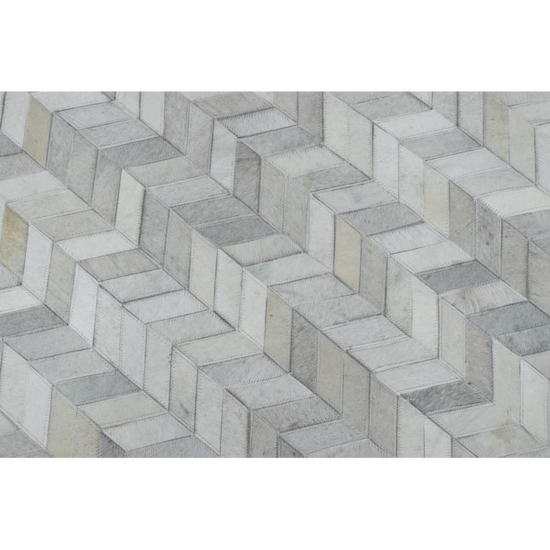 Tapis beige et argent en cuir véritable fait à la main Hairon, Rectangle 8 pi x 10 pi