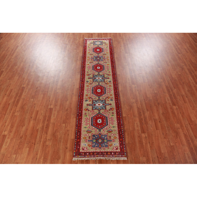 Tapis vert traditionnel à motif géométrique vert 3 x 10