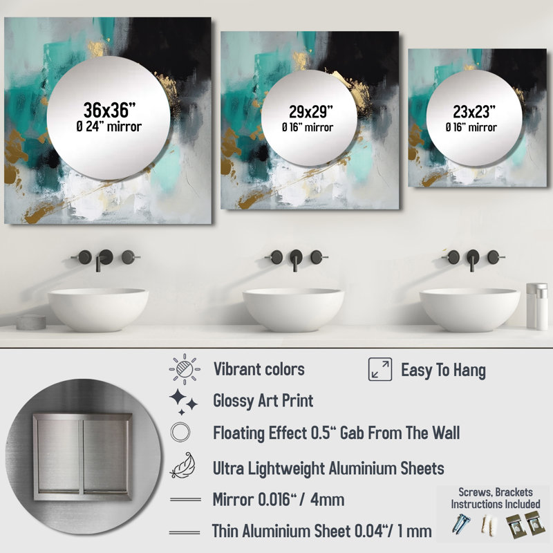 Hugibert - Art mural miroir carré abstrait pour salle de bain, 23 po x 23 po