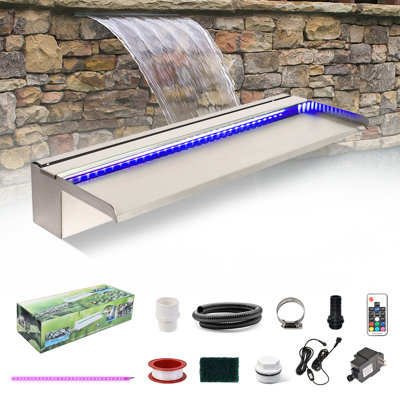 Pool Fountain, Stainless Steel Waterfall Spillway with Wider Water Flow Platform, Multi-Color LED Light & Spillway Cleaning Kit for Garden Outdoor Decoration 
