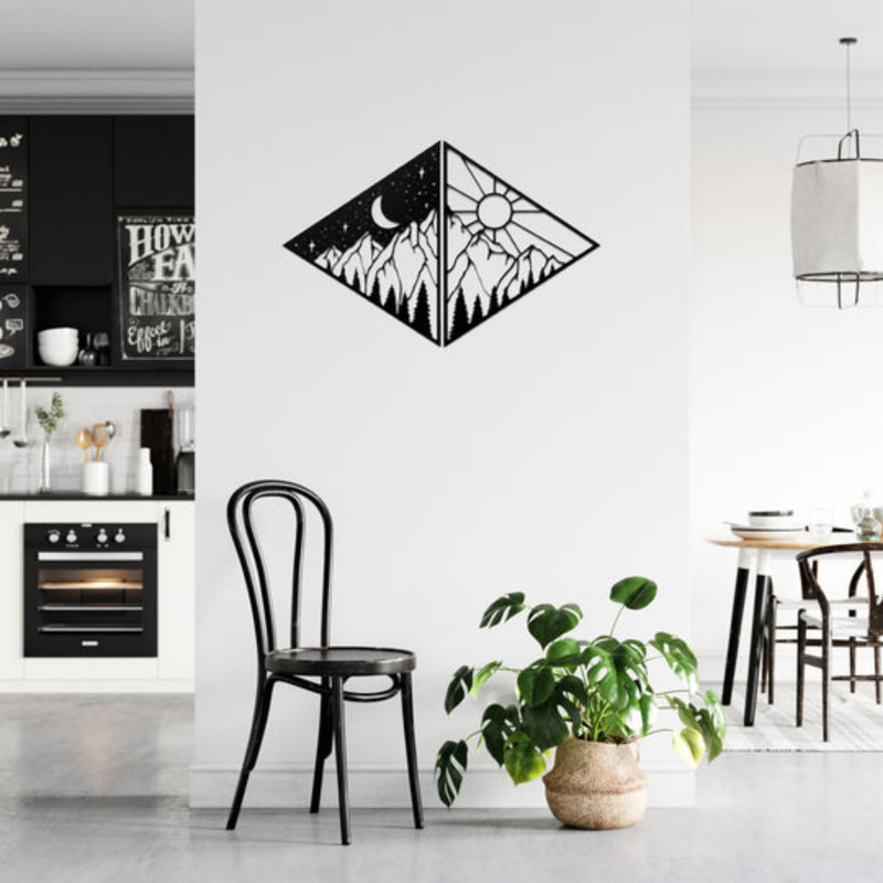 Jour et nuit montagnes, art mural en métal - Paysage divisé - Sun Moon Mountain Silhouette, H 24 po x l 24 po x P 0,12 po