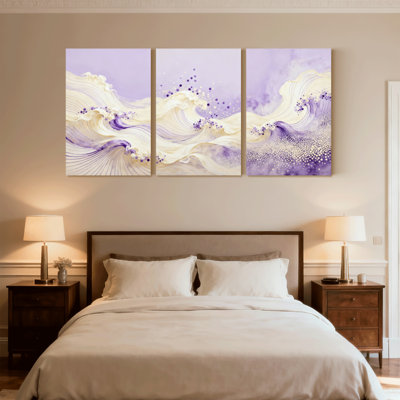 Abstract Purple Waves With Golden Accents And Soft Hues Set of 3 Canvas Wall Art Prints
