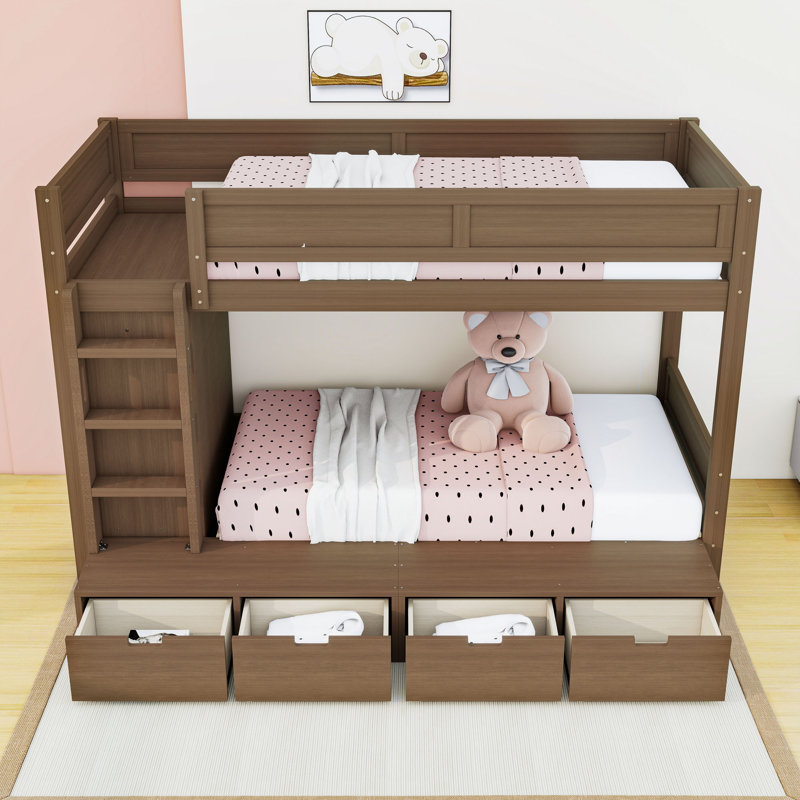 Lit superposé simple au-dessus de simple avec garde-robe et tiroirs intégrés, Brown