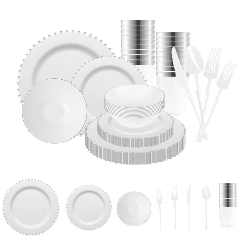 White with Silver Pearl String Round Disposable Plastic Tableware Set - 120 Settings
