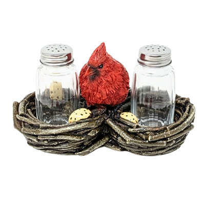 Resin Salt and Pepper Shaker Set with Red Cardinal and Twig Holder Rustic Woodland Kitchen Decor